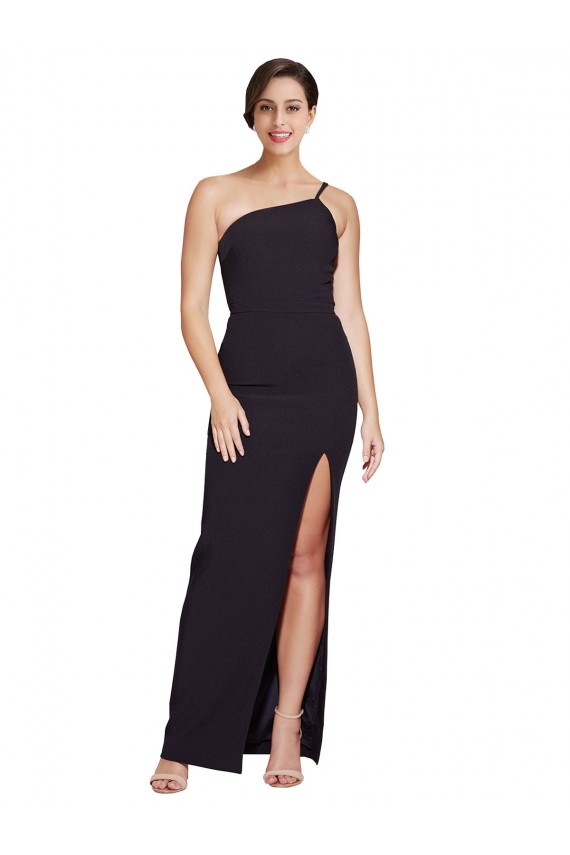 Buy Sleeveless Black One Shoulder Stretch Crepe Sheath Formal Dress UK