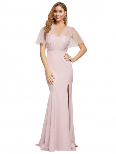 Buy Short Sleeves One Shoulder Low Back Stretch Crepe & Tulle Sheath Formal Dress UK