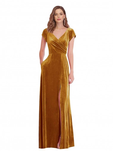 Buy Cap Sleeves V-Neck Stretch Velvet Sheath Formal Dress UK