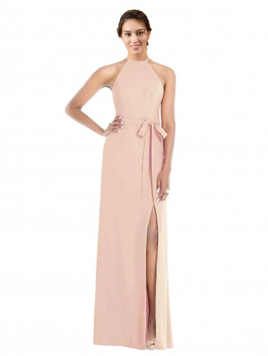 Buy Sleeveless Nude Halter Neck Criss Cross Back Stretch Crepe Trumpet Formal Dress UK